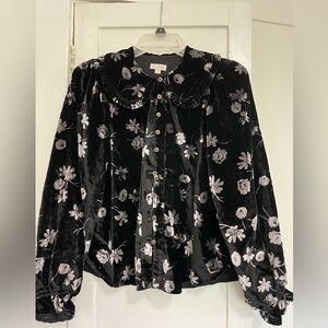 Pilcro collared Floral Black Velvet Blouse size small
